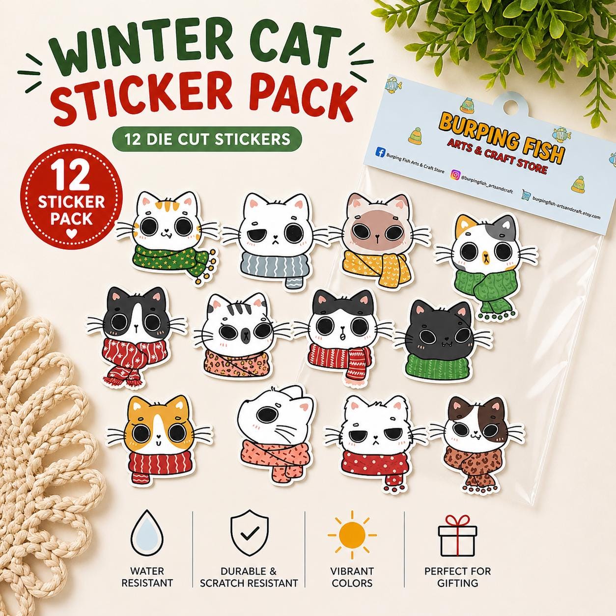 Winter Cat Sticker Pack, Cozy Cat Stickers, 12 Pcs - Etsy