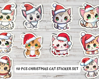 Christmas cat sticker pack, Christmas hat cat, 10 pcs