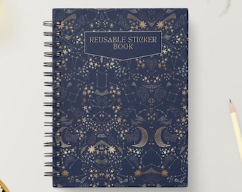 Libro de pegatinas reutilizables Celestial: Álbum de constelaciones azul marino y dorado