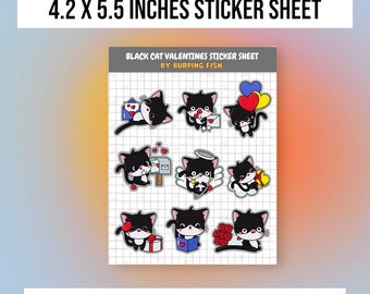 Black Cat Valentines Sticker Sheet, Cute Cat Sticker Sheet, Kawaii Stickers, Aesthetic Stickers, Card making Stickers, Valentines gift