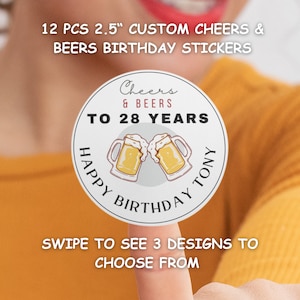 Custom Cheers & Beers Birthday Party Favor Stickers - 12 Pcs