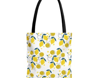 Lemon Pattern Tote Bag | Yellow Citrus Floral All-Over Print