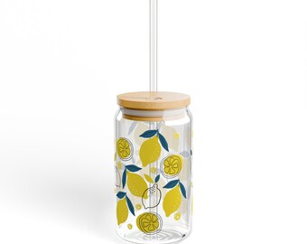 Lemon Pattern Sipper Glass | 16oz Jar Tumbler with Straw