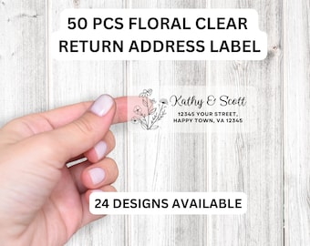 50 Floral Clear Return Address Labels: Custom Wedding Stickers