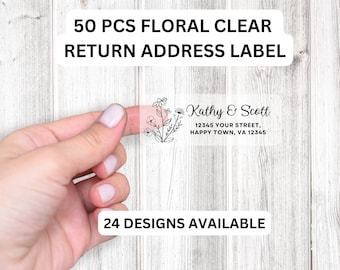 Clear Return Address Labels, Custom Personalized Floral Wedding Address Labels, Envelope Return Address Label Stickers, Flower Label, 50 pcs