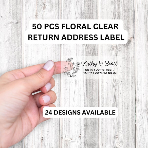 Clear Return Address Labels, Custom Personalized Floral Wedding Address Labels, Envelope Return Address Label Stickers, Flower Label, 50 pcs