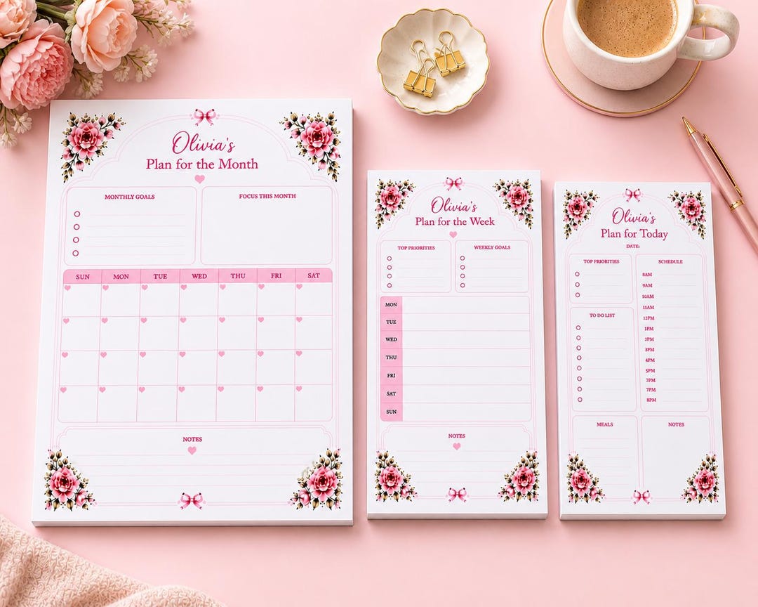 Custom Floral Planner Notepad Set, Personalized Monthly Weekly Daily ...