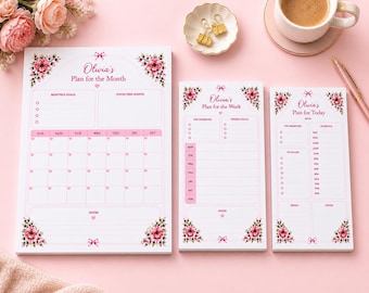 Custom Floral Planner Notepad Set, Personalized Monthly Weekly Daily Planner, Pink Desk Organizer