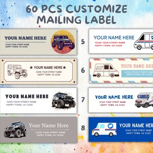 Return Address Label, Customized Mail Stickers, Return Address for envelope, 60 pieces Mail Labels,Labels with Mail Delivery Car and Jeep