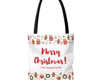 Merry Christmas! Holiday Cookies Pattern Tote Bag | Personalized Family Name