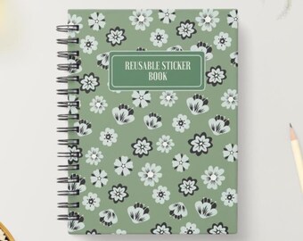 Álbum de pegatinas reutilizables con diseño floral verde salvia (A5)