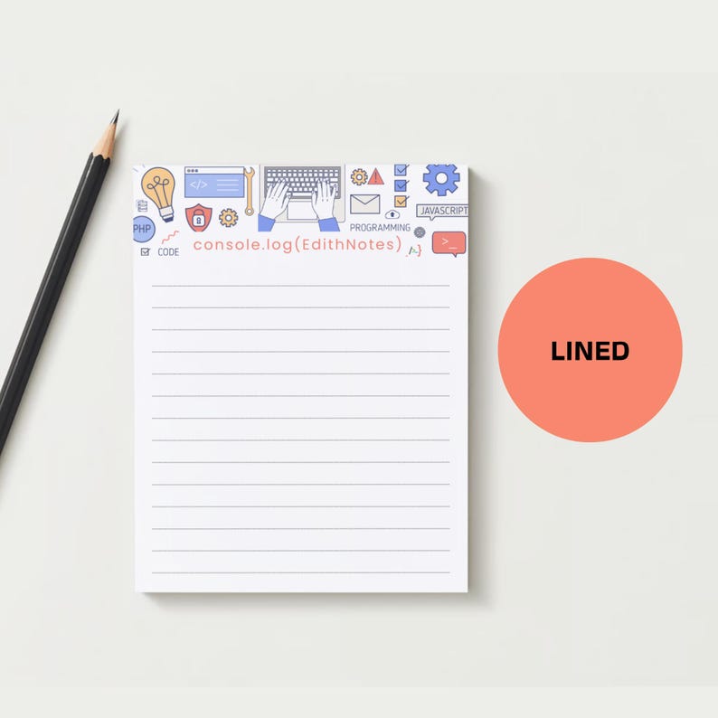 May include: A white lined notepad with a colorful design featuring icons related to programming and coding. The design includes a laptop, a lightbulb, a lock, a gear, a computer monitor, a code snippet, and the text "console.log(EdithNotes)". The notepad is on a white background.