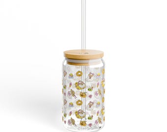 Kawaii Summer Ghost Pattern Sipper Glass 16oz | Clear Tumbler