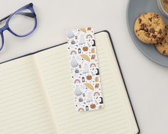 Spooky Cozy Halloween Bookmark — Boho Autumn Ghost & Pumpkin Pattern with Ribbon Tassel
