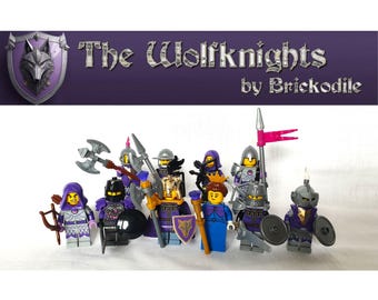May include: A group of eight purple and silver Lego minifigures, each with a different weapon and shield. The minifigures are part of a group called "The Wolfknights" by "Brickodile".