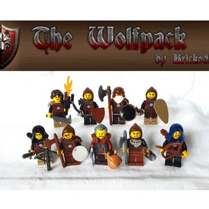 May include: A group of eight minifigures dressed as medieval warriors, each with unique weapons and armour. The figures are arranged in a semi-circle on a white surface. The title "The Wolfpack by Brickodile" is displayed above the figures.
