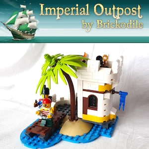 May include: A Lego pirate outpost with a white tower, yellow accents, and a blue base representing water. Includes a palm tree, a small raft with two minifigures, and a green and white ship in the background. The text "Imperial Outpost by Brickodile" is at the top.