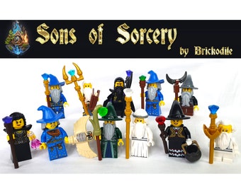 May include: A collection of 12 Lego minifigures dressed as wizards, sorcerers, and magic users. Each figure has a unique hat, robe, and magical staff or weapon. The figures are arranged in a row on a white surface. The text "Sons of Sorcery by Brickodile" is displayed above the figures.