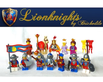 May include: A collection of Lionknights Lego figures, including knights, kings, and queens. The figures are in various poses, some holding weapons and flags. The color scheme includes red, blue, yellow, and silver. The background is white with a blue banner.