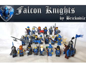 May include: A collection of 20 blue and silver Lego minifigures, including knights, wizards, and a knight on horseback. The minifigures are arranged in a group on a white surface. The text "Falcon Knights by Brickodile" is displayed above the minifigures.