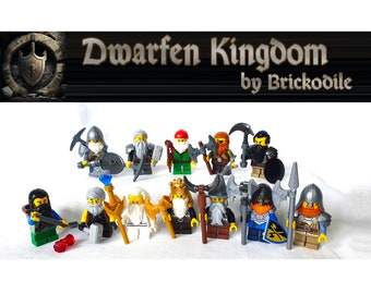 May include: A collection of 14 dwarf minifigures, each with unique armor, weapons, and facial expressions. The figures are arranged on a white background with the text "Dwarfen Kingdom by Brickodile" above them.