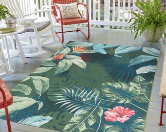 Tropical Hibiscus Flower Forest Leaves Outdoor Rug, Outdoor Rugs, Tropical Outdoor, Patio Rug, Backyard Rug, Quick Dry, Spring Summer Rug