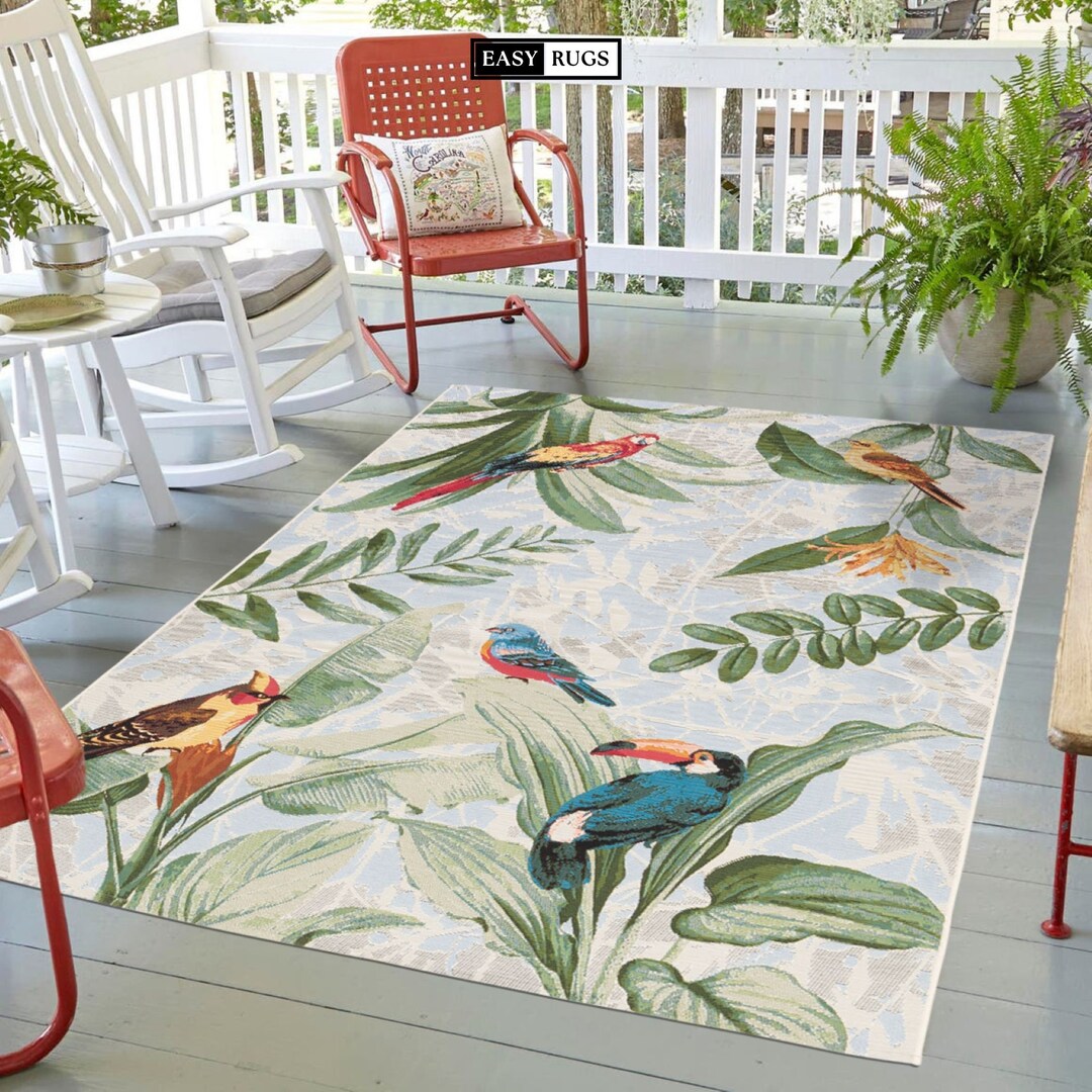 Tropical Colorful Birds Forest Leaves Outdoor Rug Outdoor Etsy