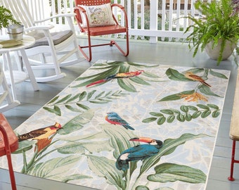 Tropical Colorful Birds Forest Leaves Outdoor Rug, Outdoor Rugs, Tropical Outdoor, Patio Rug, Backyard Rug, Quick Dry, Spring Summer Rug