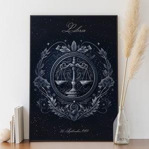 Libra zodiac personalized art, Libra poster art, Libra poster birth date, Libra astrology, Astrology poster.