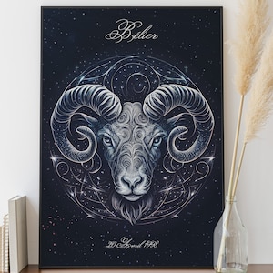 Poster personalizzato del segno zodiacale dell&#39;Ariete, poster della data di nascita dell&#39;Ariete, regalo di Natale originale, poster di astrologia, regalo personalizzato