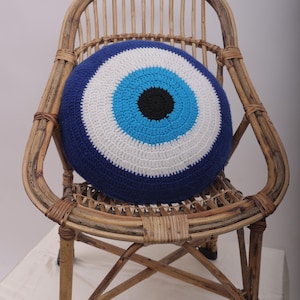 Dark Blue Evil Eye Pillow, Crochet Pillow, Decorative Pillows, Soft Plush Cushion, Accent Throw Pillow, Good Luck Charm, Housewarming Gift
