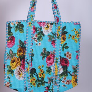 Turquoise Floral Quilted Tote Bag – Handmade Cotton Kantha Shopper with Vintage Rose Print