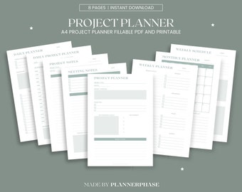 Puede incluir: Un planificador de proyectos imprimible de 8 páginas, que incluye páginas de planificación diaria, semanal y mensual. El planificador está diseñado para papel A4 e incluye secciones para notas de proyectos y notas de reuniones.