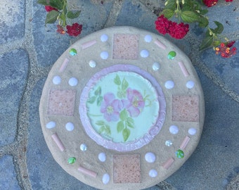 Pink rose mosaic stepping stone