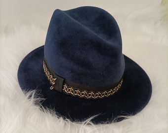 FEDORA in Feltro di Pelliccia di Lusso,Fedora Classico Blu Navy Tesa Larga,Fedora da Donna,Cappello Artigianale, Fedora Autunnale Invernale