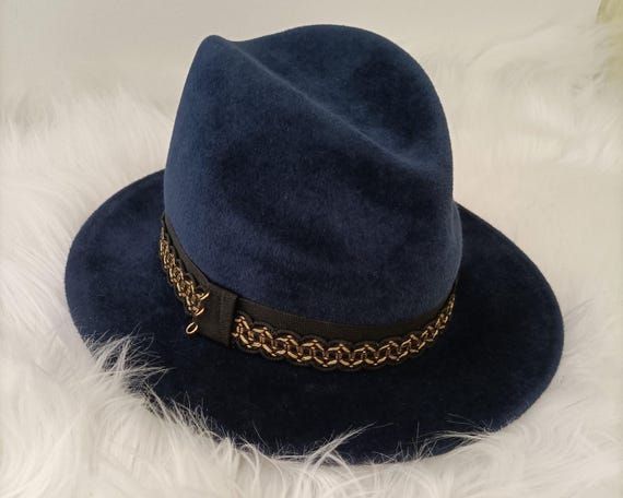 Handmade Navy Blue Velour Fedora, Wide Brim Hat With Gold  display picture 1