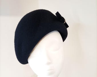 Handmade Merino Wool Beret, Black Felt Hat with Decoration