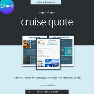 Puede incluir: Una plantilla digital para una propuesta de presupuesto de crucero. La plantilla está diseñada para ser simple y fácil de usar. Incluye secciones para "Acerca de su crucero" y "Acerca del barco". La plantilla también incluye un espacio reservado para el logotipo, una sección para lo que está incluido, lo que no está incluido y lo que le encantará. La plantilla está disponible para descargar instantáneamente.
