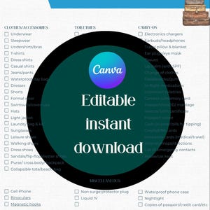 Könnte beinhalten: Eine Checkliste zum Packen für eine Kreuzfahrt. Die Checkliste ist in drei Kategorien unterteilt: Kleidung/Zubehör, Toilettenartikel und Handgepäck. Die Checkliste enthält Artikel wie Unterwäsche, Badebekleidung, Toilettenartikel, elektronische Ladegeräte und Reisekissen. Die Checkliste soll Reisenden helfen, effizient für ihre Kreuzfahrt zu packen.