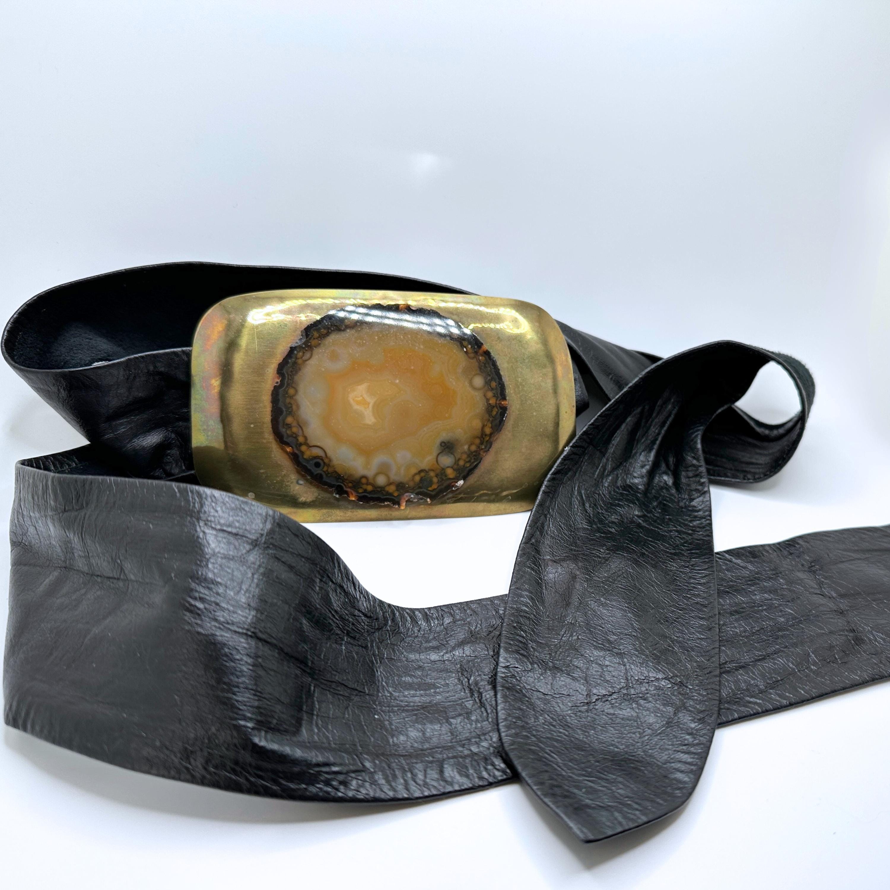Agate Slice and Brass Buckle Vintage Black Leather Wrap Belt  display picture 3