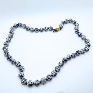 Chinese Shou Porcelain Bead Necklace | Vintage Blue and White Hand Knotted Asian Jewelry