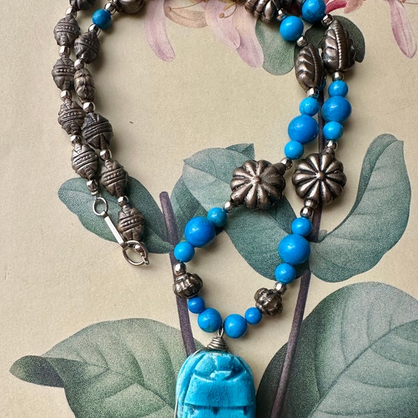 Blue Scarab Beetle Beaded Necklace