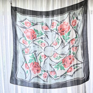 Navy Trim Red Roses Silk Scarf - Vintage 34&quot; Silk Scarf – Red Rose Print on White with Navy Border – Romantic Cottagecore Style