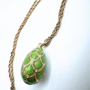 Green Enamel Fabergé-Style Egg Pendant on Gold-Tone Opera-Length Chain | Dragon Egg Necklace