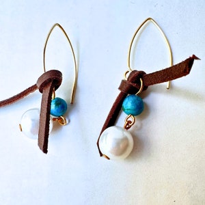 Leather, Turquoise and Pearl Drop Earrings