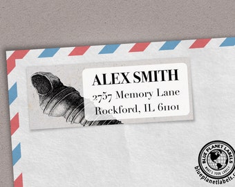 Etiquetas de dirección de retorno Auger Sea Shell: blanco y negro, juego de 30