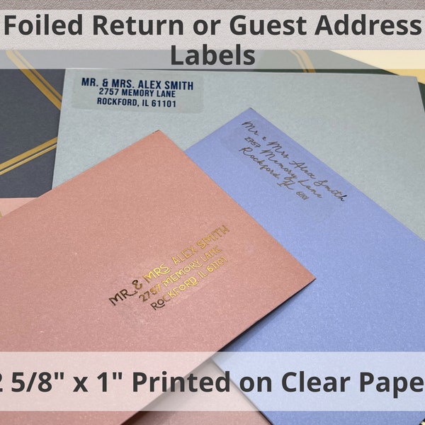 Foiled Address Labels Printed on Clear Paper - 2 5/8" x 1" - 45 Designs to Pick From - Envelope Labels, Calligraphy Labels