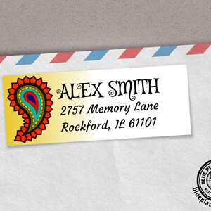 May include: A yellow return address label with a colorful paisley design. The label has the text "ALEX SMITH", "2757 Memory Lane", "Rockford, IL 61101".