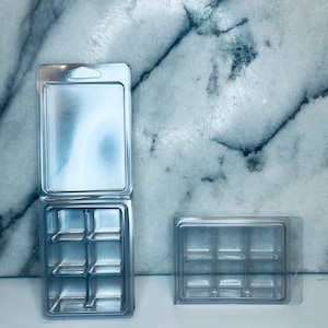 May include: Two clear plastic wax melt molds. The larger mold has nine squares and the smaller mold has six squares.