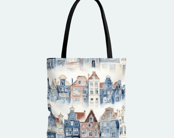 Tote Bag (AOP) Delft Houses Tote, Reusable Tote Bag, Beach Tote, Shopping Tote, Travel Tote Bag, Shoulder Tote Bag, Work Tote, Carryall